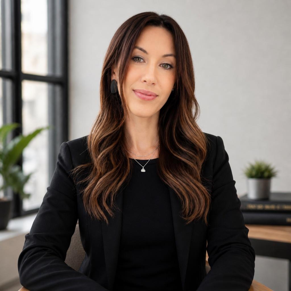 Irena Golob, smiling, in a black blazer in a bright room with a window and plants