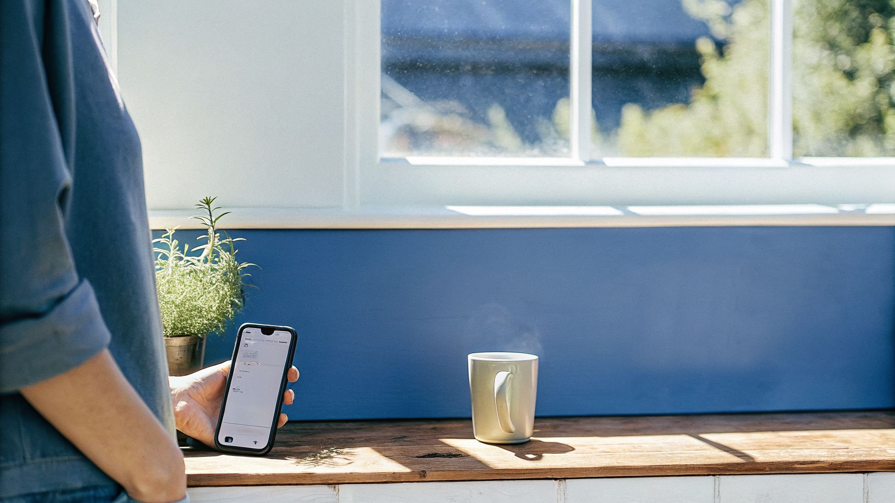 Art of life in an in-between moment: phone face-down beside a mug in a kitchen