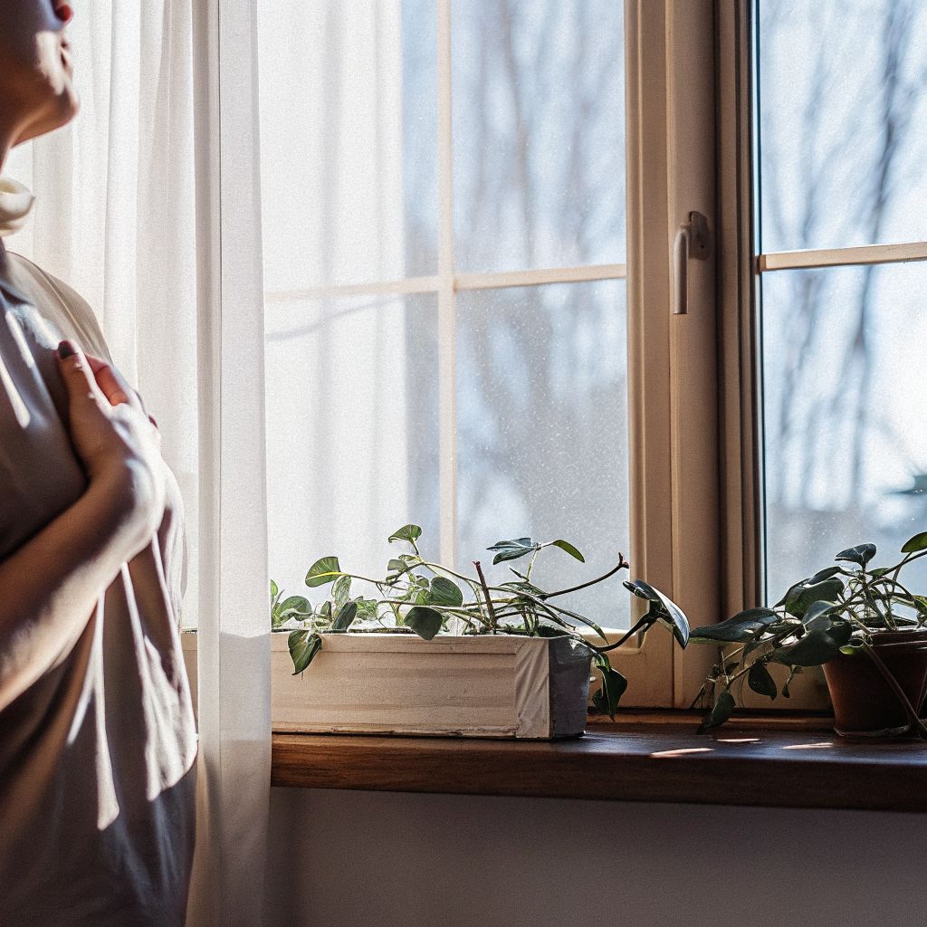 A person practicing a pause to find the space between stimulus and response by a window