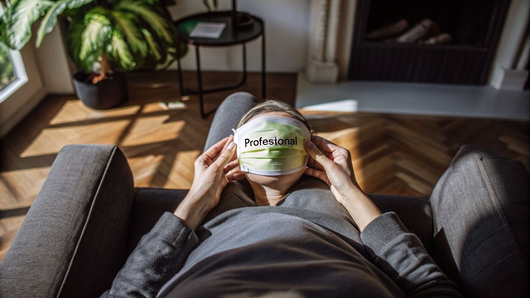 Person holding a “professional” mask over a tired face, illustrating identity-driven burnout