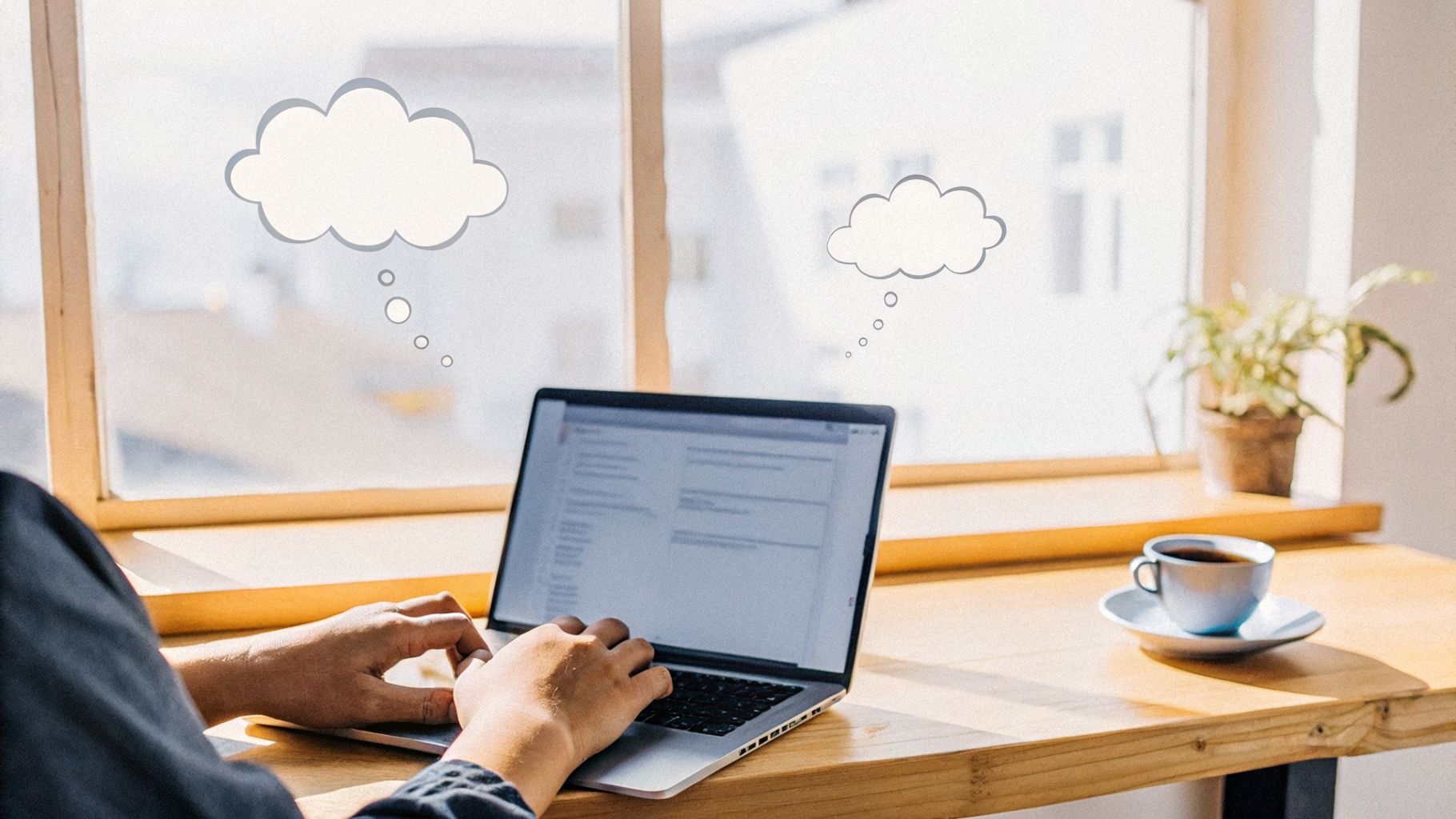 Person reading an email with two thought bubbles, rewiring inner narrative in an ordinary moment