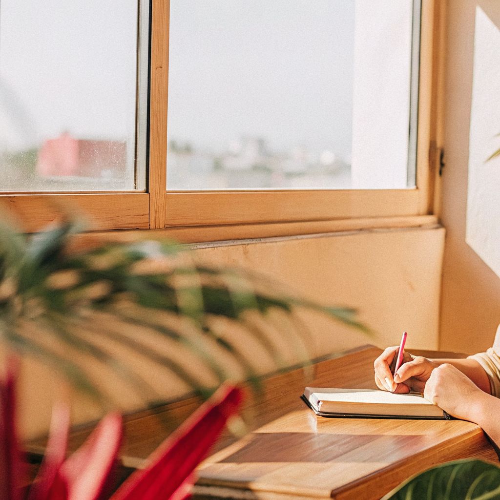 Person journaling by a window, reflecting on the inner world outer world connection