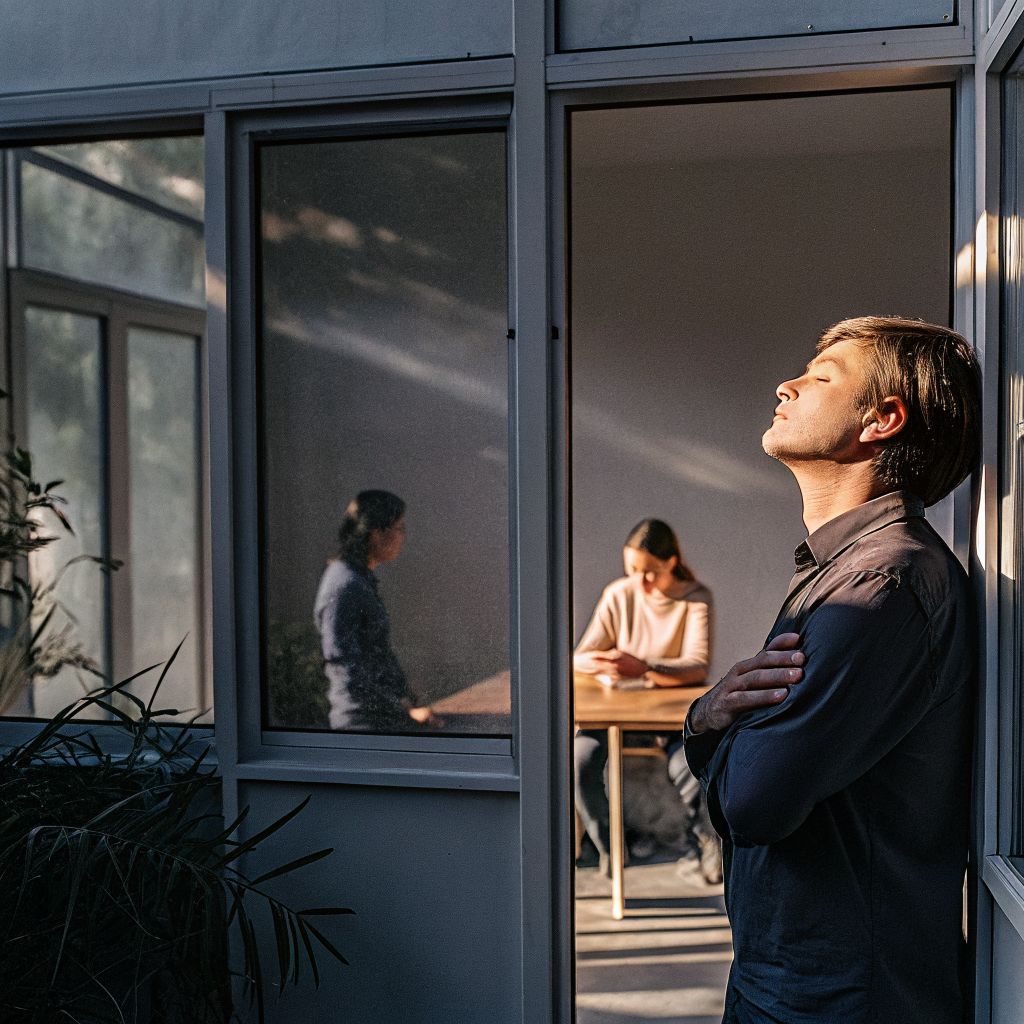 Leader pausing before a meeting, noticing breath and posture