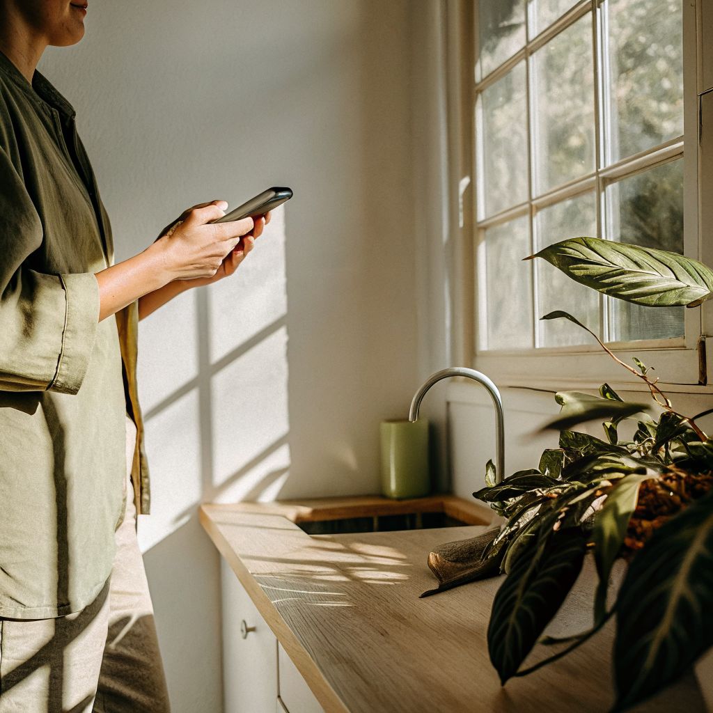 Space between stimulus and response: person pausing with a phone in soft light
