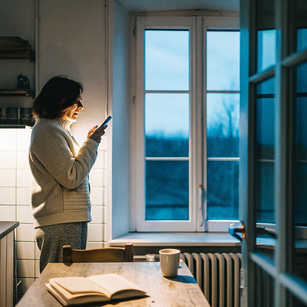 Woman in a dim kitchen on her phone, living in alignment moment of reflection