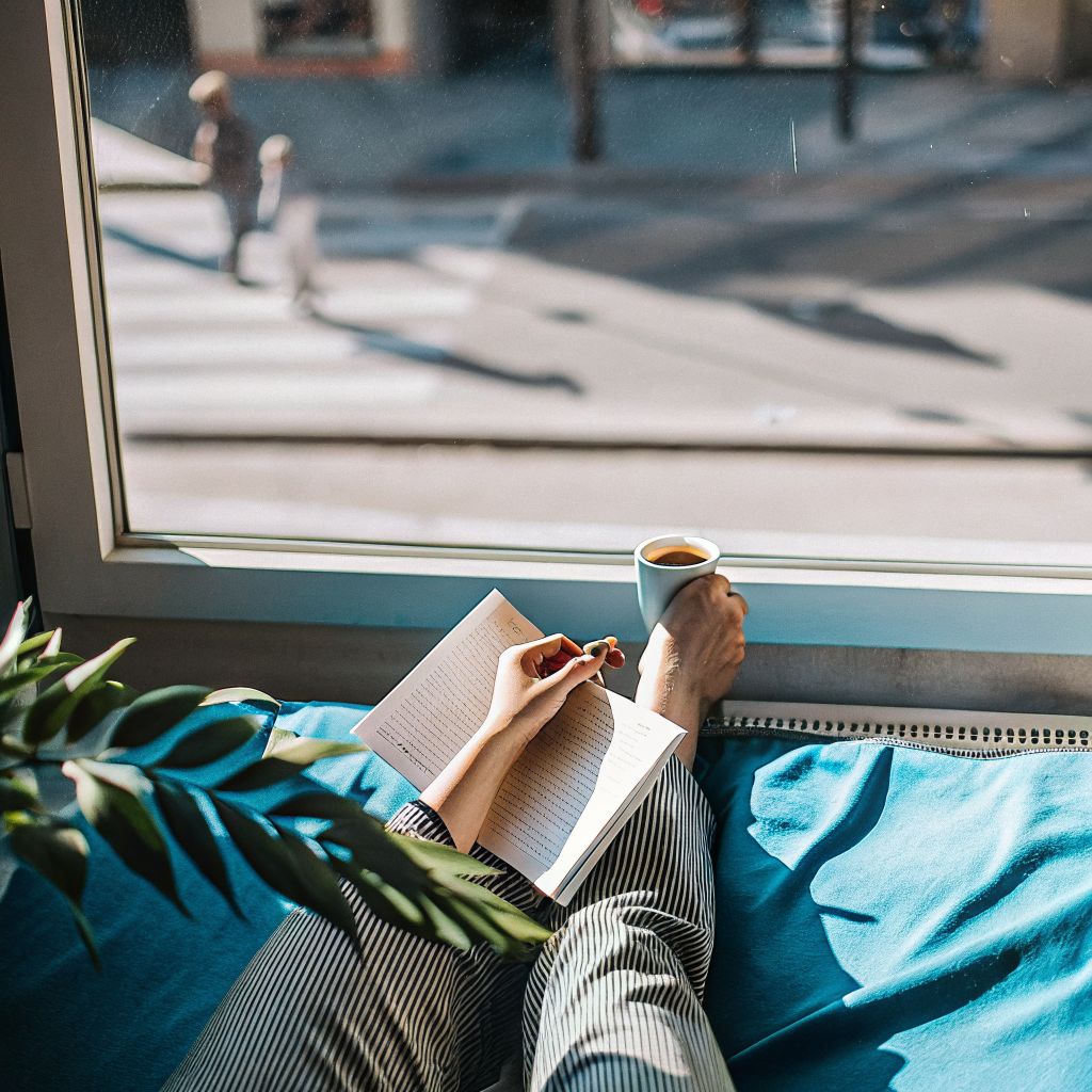 person journaling by a window while a city street blurs outside
