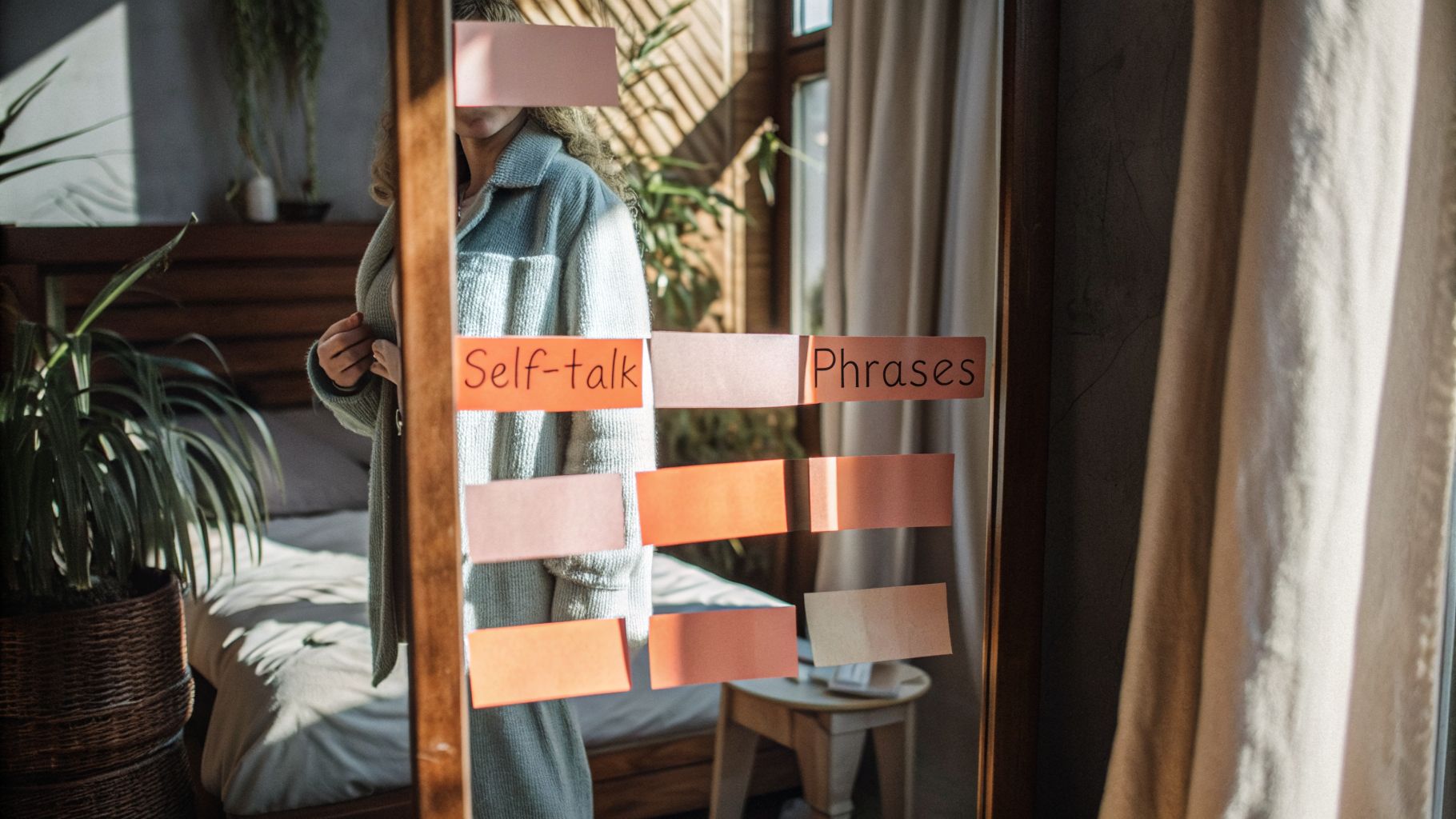 Person looking into a mirror with sticky notes representing rewiring inner narrative through self-talk