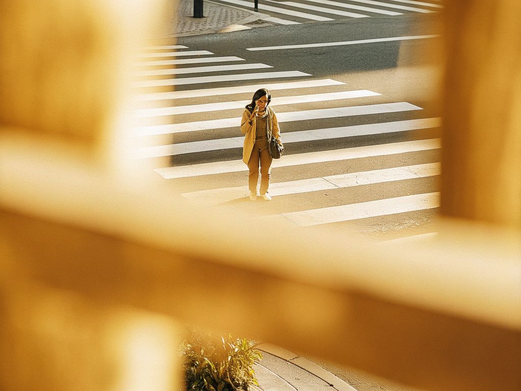 person pausing to reflect at a busy crossroads