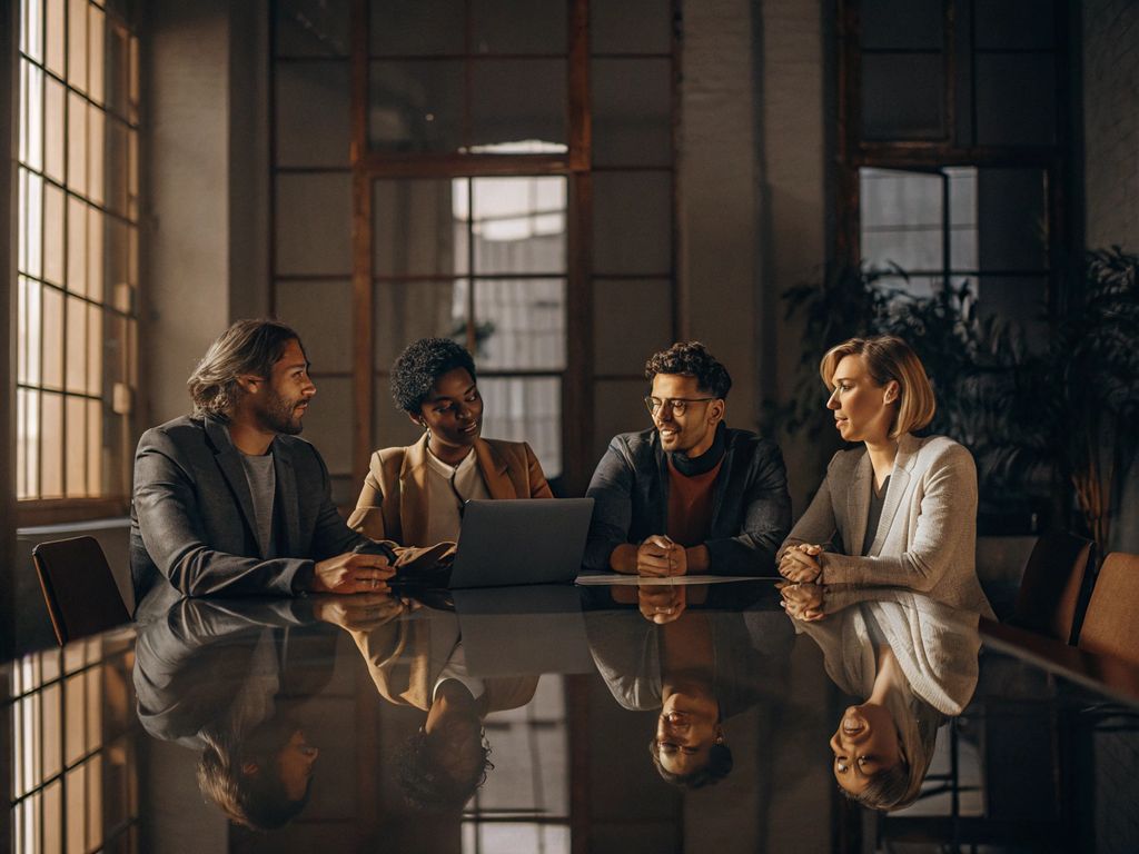 team in calm discussion around a table