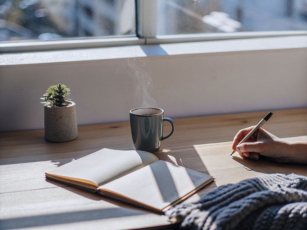 journal and coffee on desk