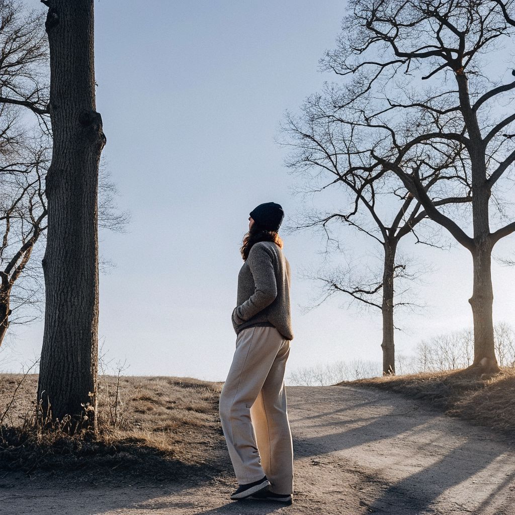 Person at a sunrise crossroads, one path tangled and one clear