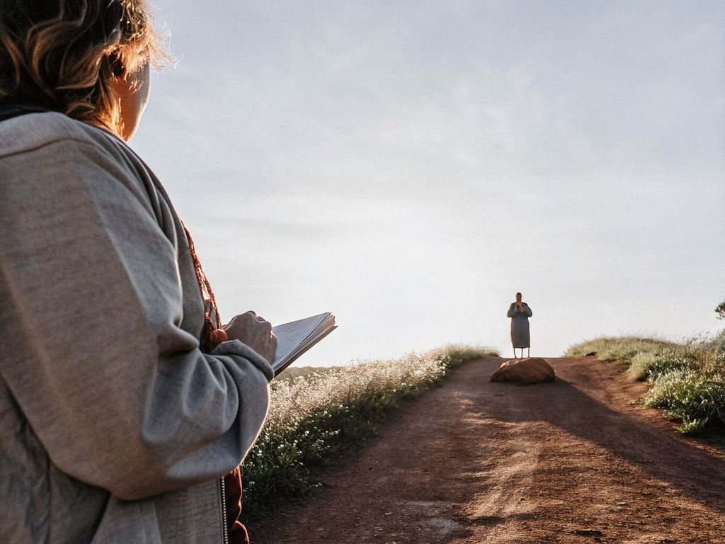 Person standing at a literal crossroads at sunrise