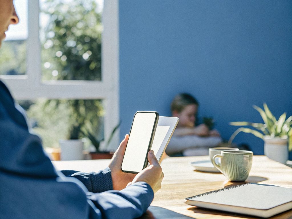 Person distracted by phone at desk