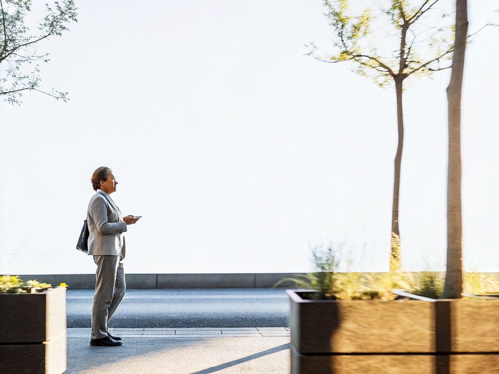 person pausing on a busy city sidewalk, looking pensive
