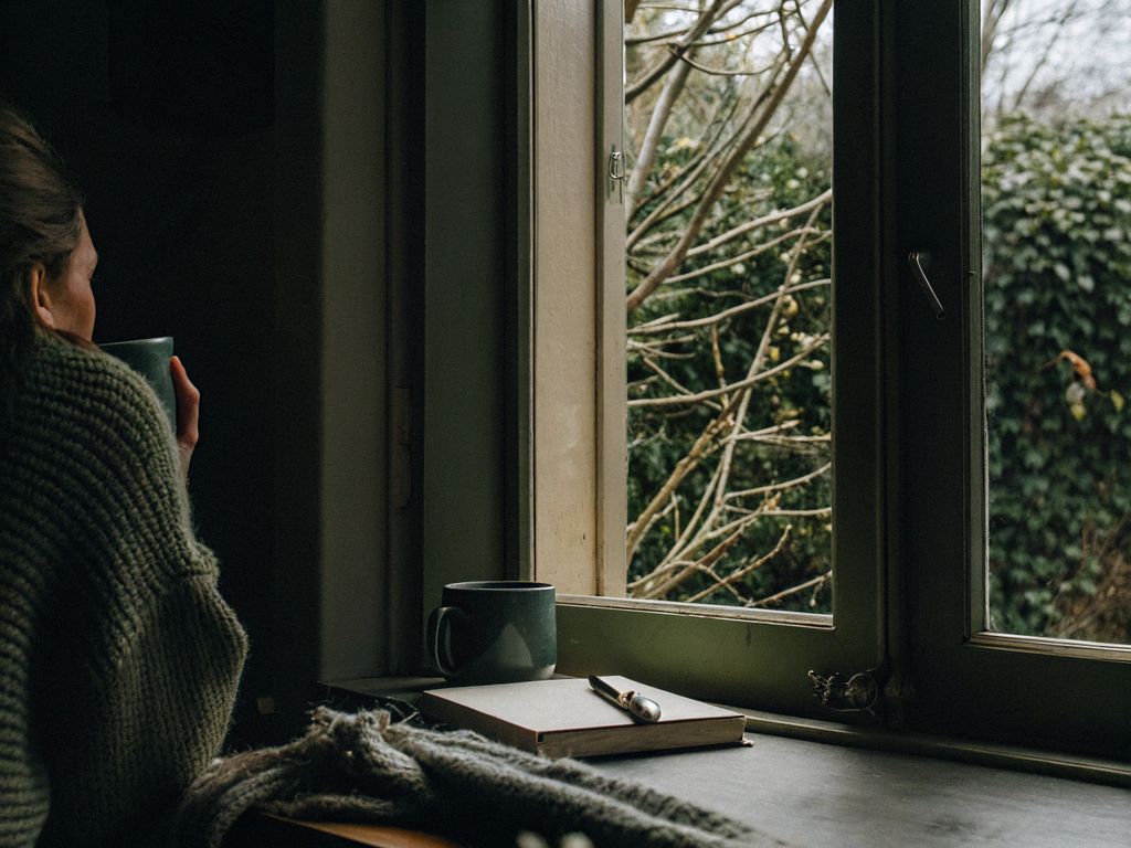 person looking out window on a gray afternoon