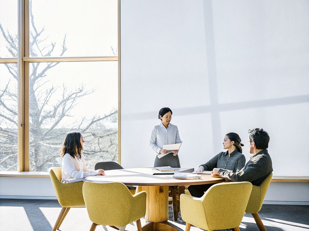 Leader pausing before addressing attentive team in meeting