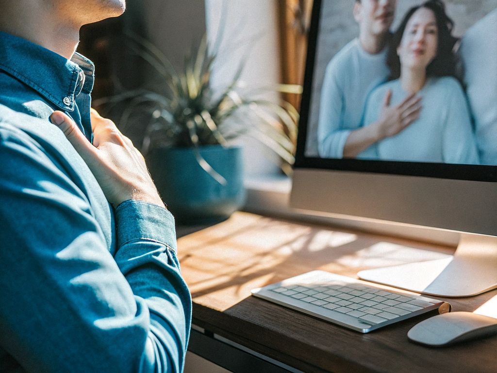 person staring at computer screen hesitantly