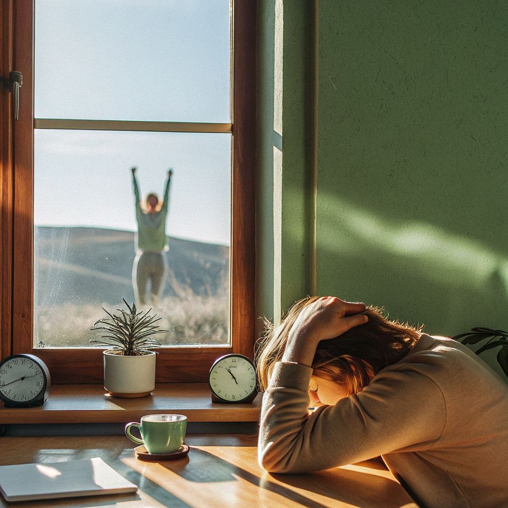 Exhausted person at desk surrounded by clocks