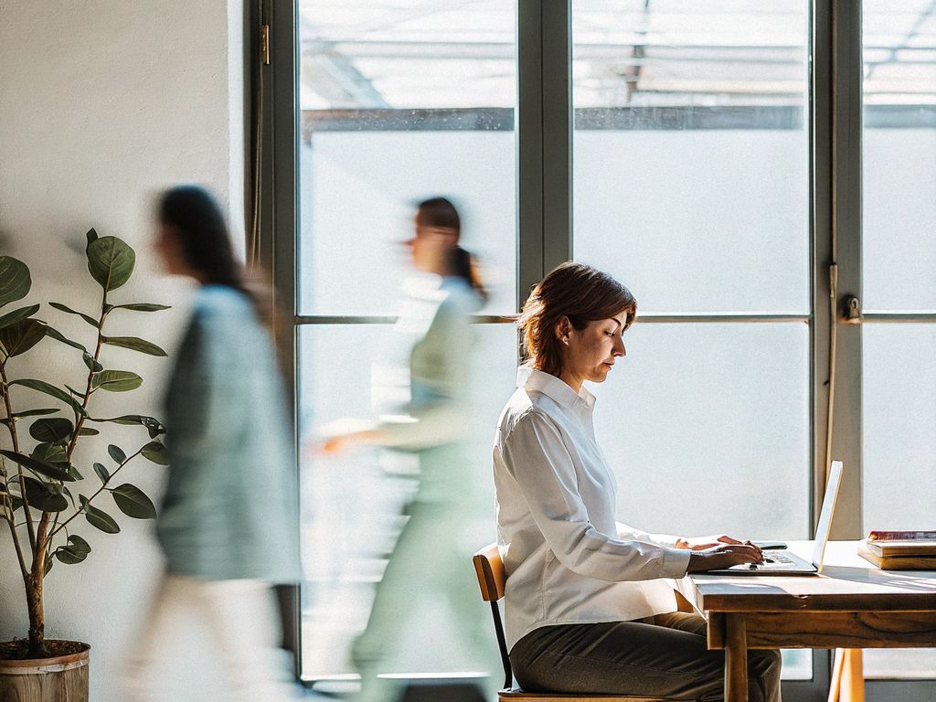 Focused professional in chaotic office, serene expression