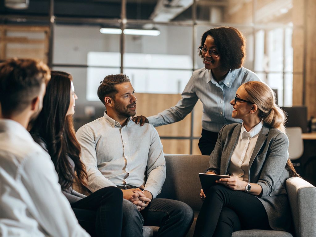 diverse team in open office sharing reflections