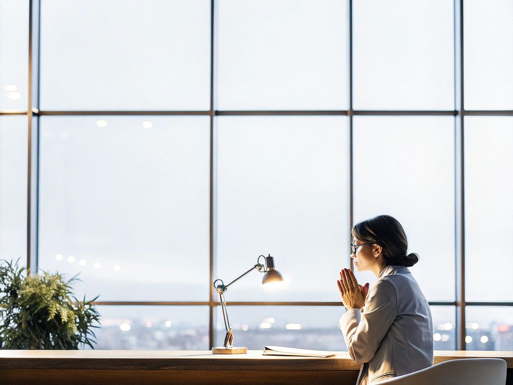 Leader alone in office at night, city lights, reflective mood