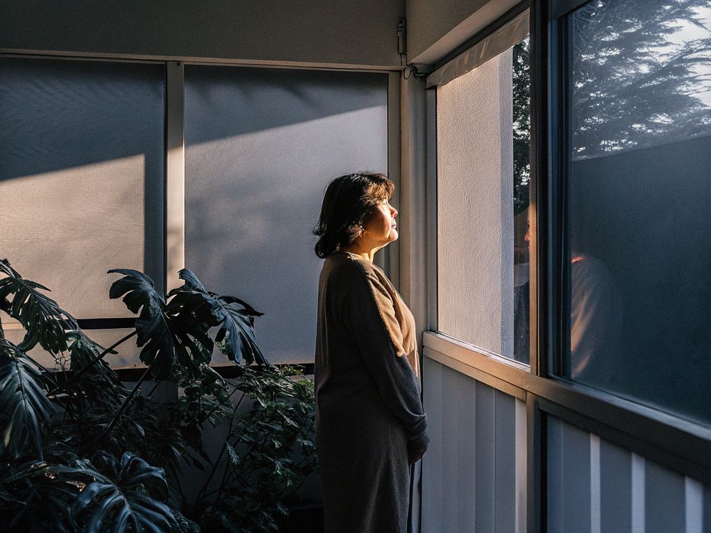 person looking out a bright window, shadowed room