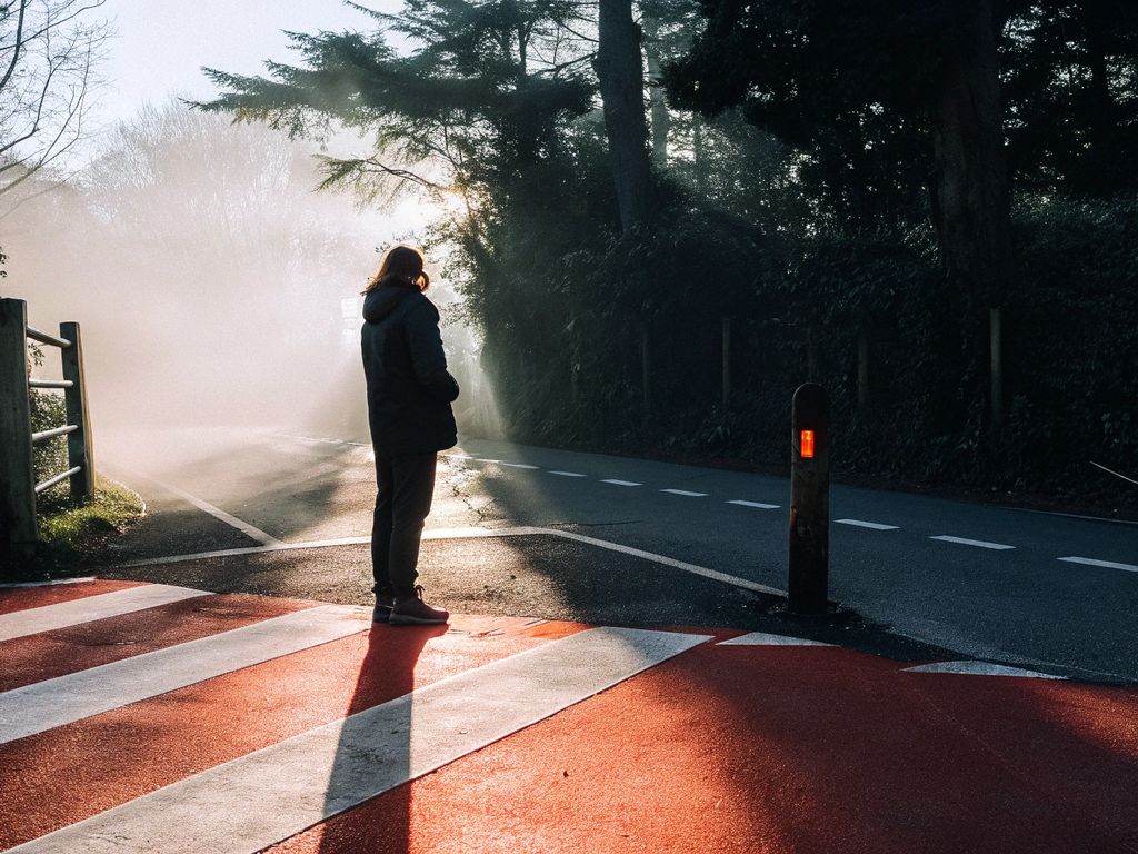 person at a crossroads in soft early morning light