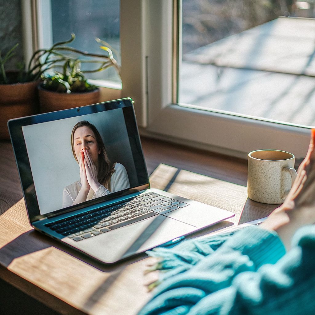 A person sitting quietly after a video call, hands on keyboard, exhaling