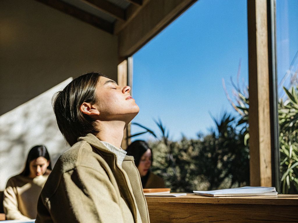 person breathing deeply at a desk