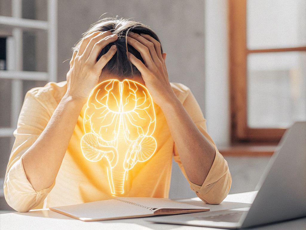 stressed person at desk, nervous system illustration overlay