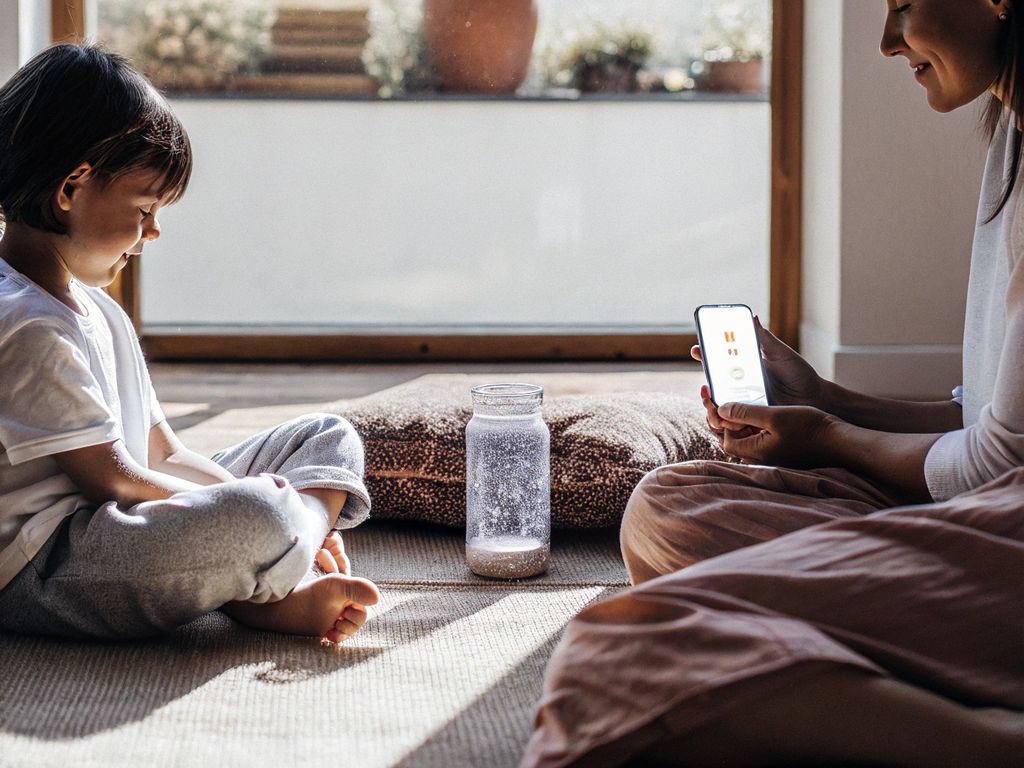 Child and adult quietly watching a glitter jar