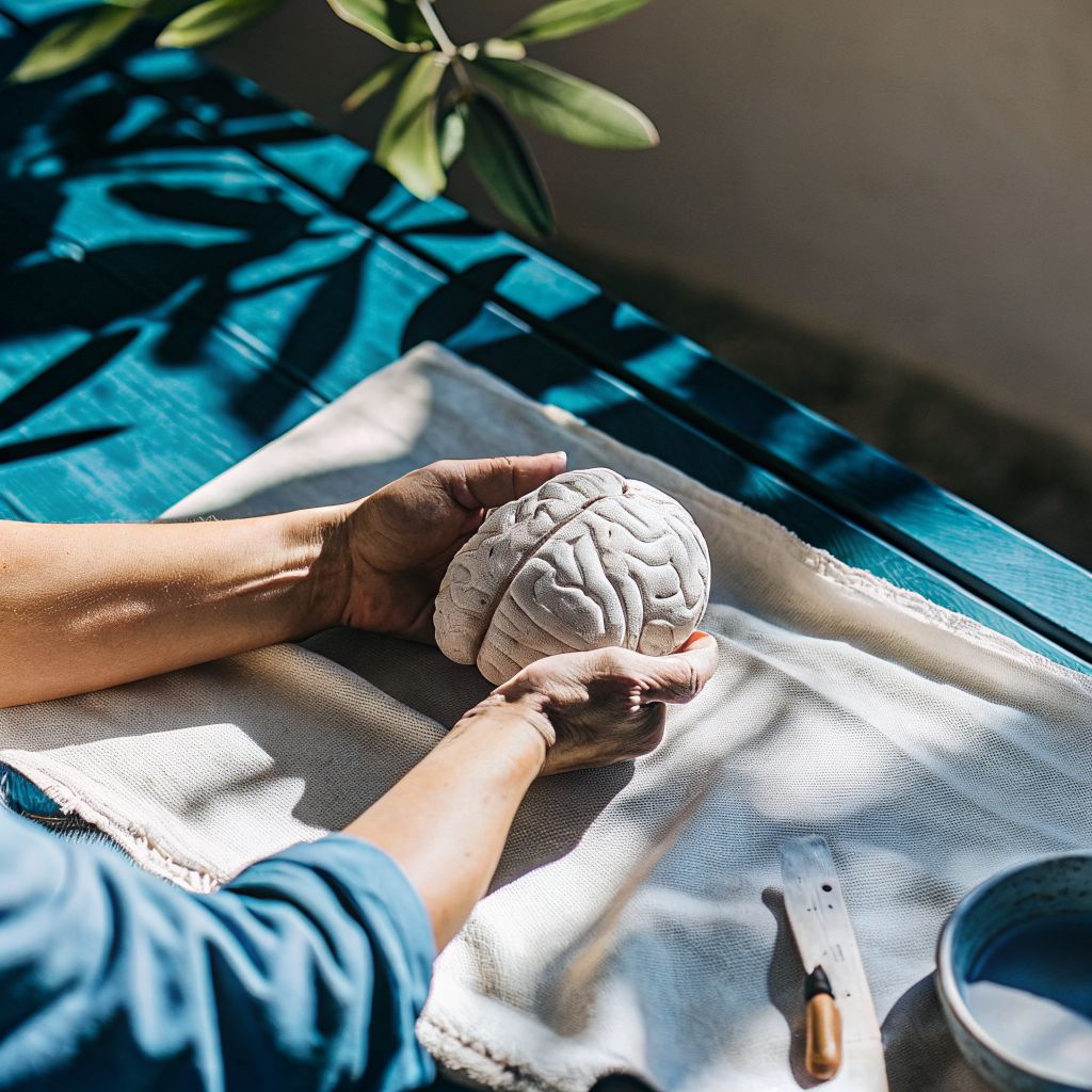 Hand shaping a clay brain to symbolize neuroplasticity
