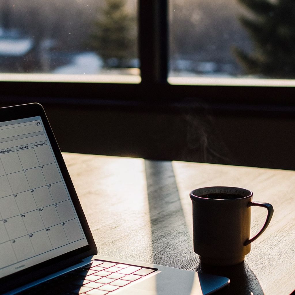 laptop with crowded calendar beside cooling coffee