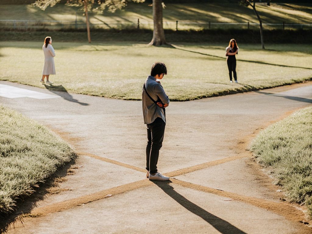 person pausing in front of a decision, calm background