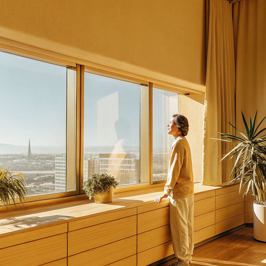 Person pausing by a window overlooking a city