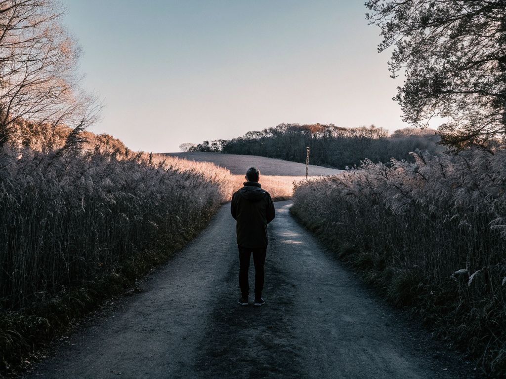 person facing two different paths set in vivid landscape