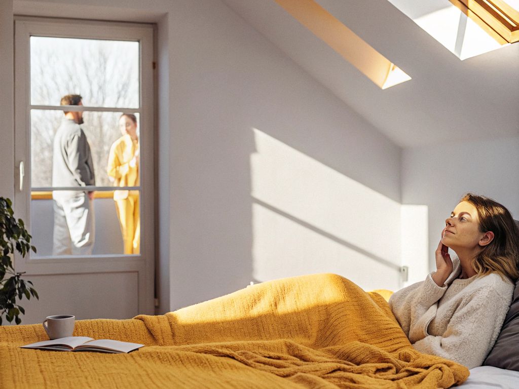 woman staring at ceiling in winter night