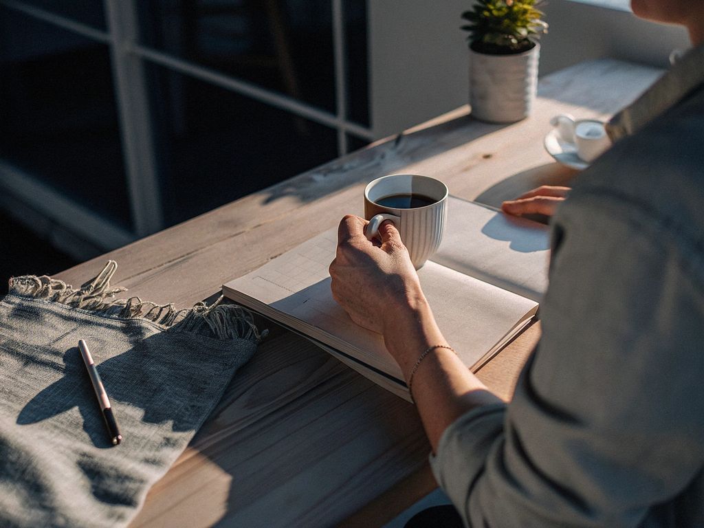 person reflecting at desk with journal and tea