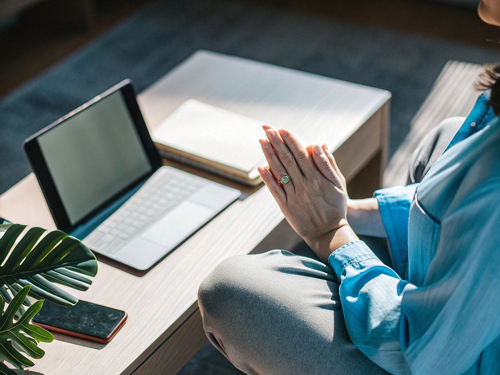 A professional pausing at their desk for a mindful breath