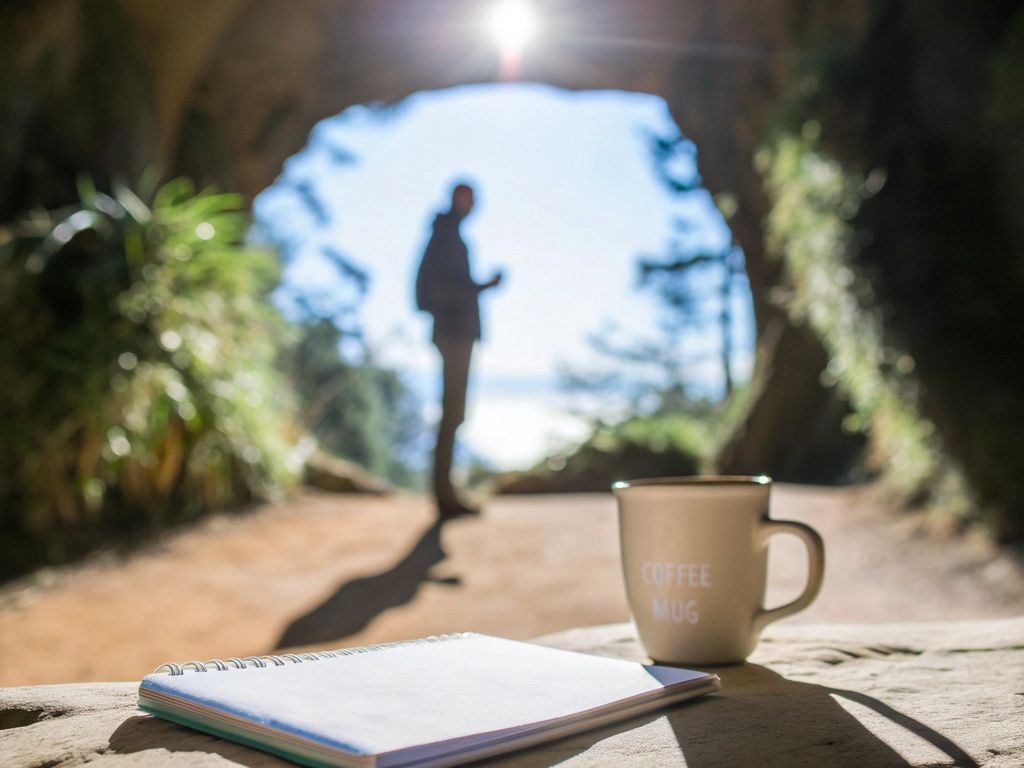 Person on the threshold of a dimly lit cave, daylight beyond