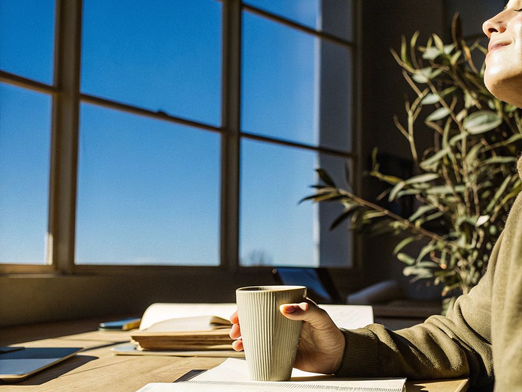 person pausing in a busy office, hand on coffee mug, eyes closed in calm focus
