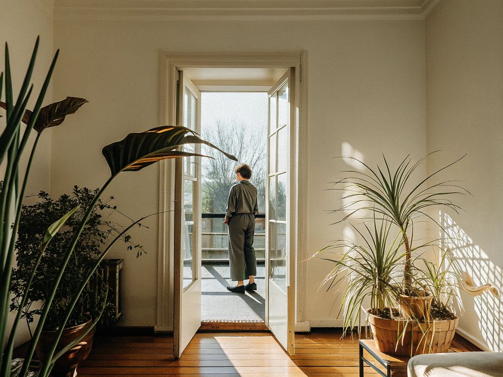 person at a doorway with light beyond
