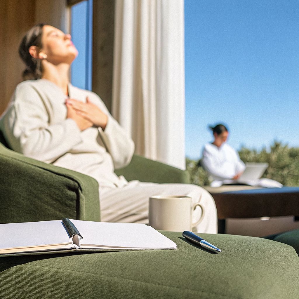 A person sitting with a notebook, hands on chest, noticing their breath