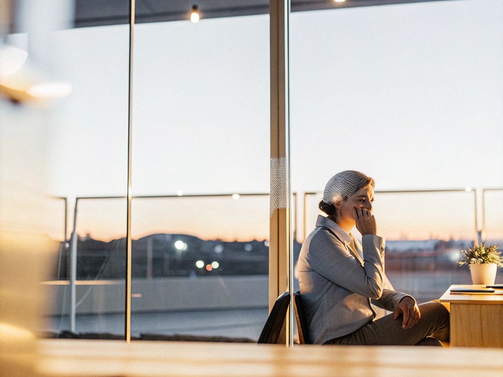business leader alone in glass office at dusk