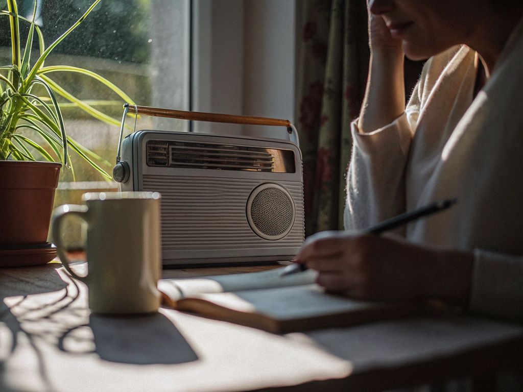 person tuning an old-fashioned radio while reflecting