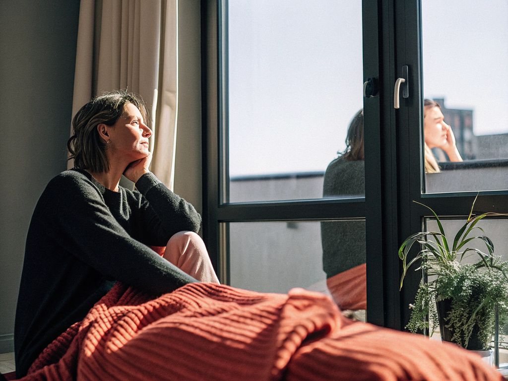 Contemplative person looking out a window