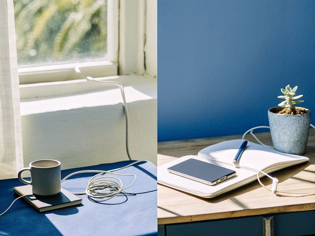 A work desk split between digital and analog tools