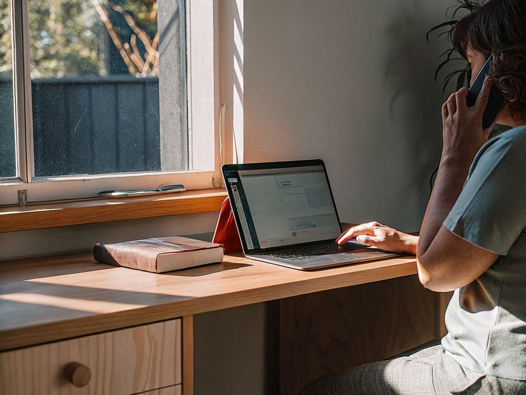 person at desk, phone out of reach, glancing at laptop