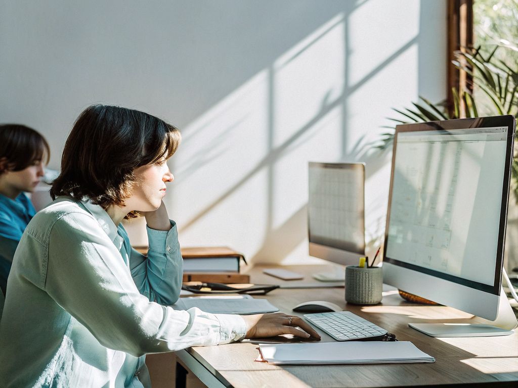 Focused professional taking a mindful breath at a busy workstation