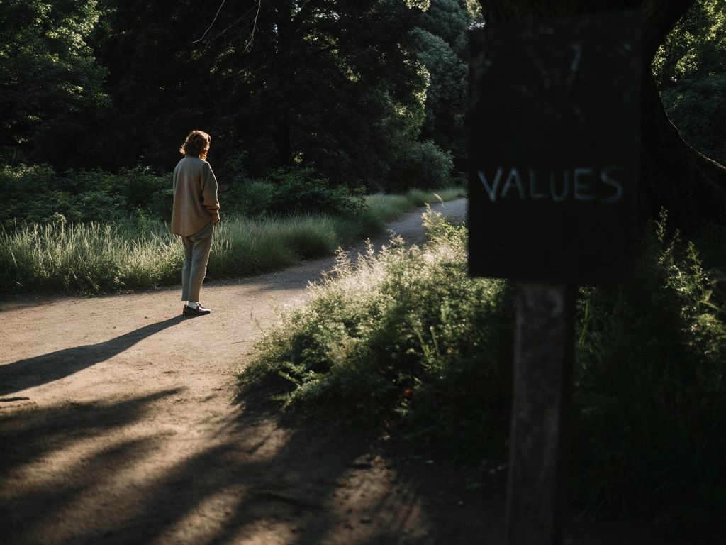person pausing at a crossroads